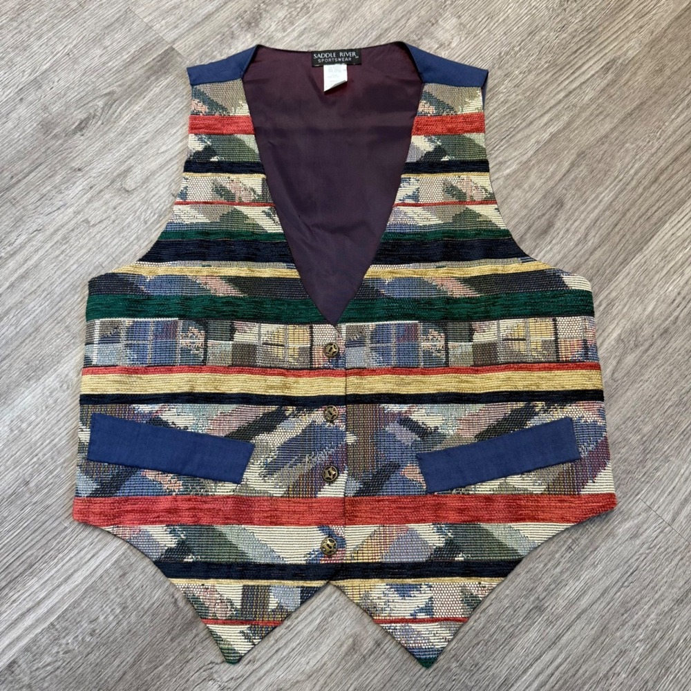 Saddle River Sportswear Vintage Tapestry Vest Women Med. Multi Color Star Button